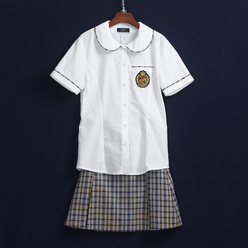 夏季短袖衬衫套装娃娃领白色校服订做 DELUNSA091