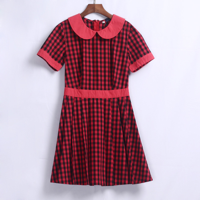 夏季短袖红色格子英伦风连衣裙订做DELUNSA093